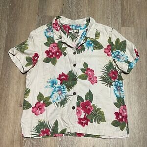 Caribbean Joe Let Go Tropical‎ Floral Button Up Shirt Women's Size L Silk Rayon